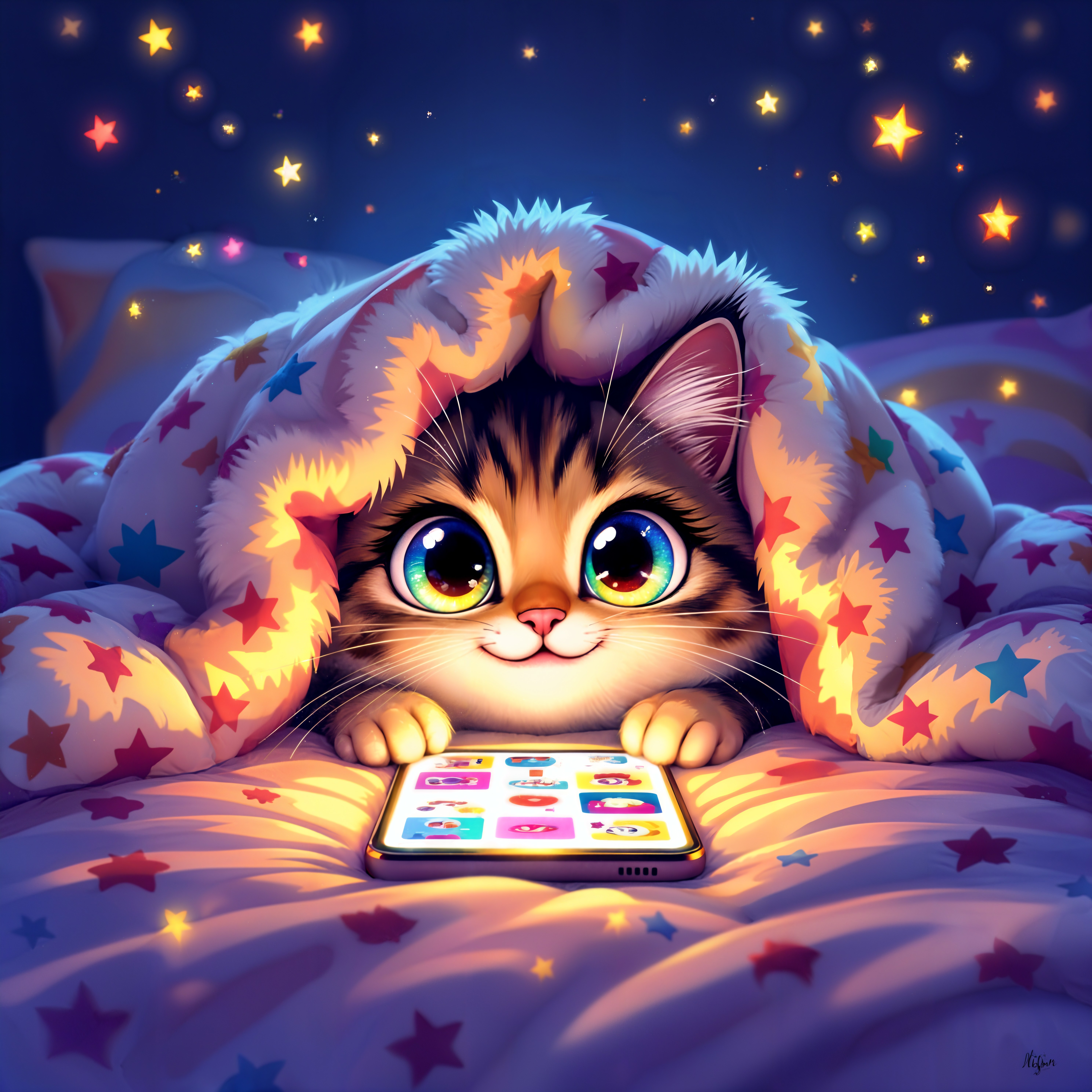 Cartoon Cat Under Starry Blanket with Smartphone
