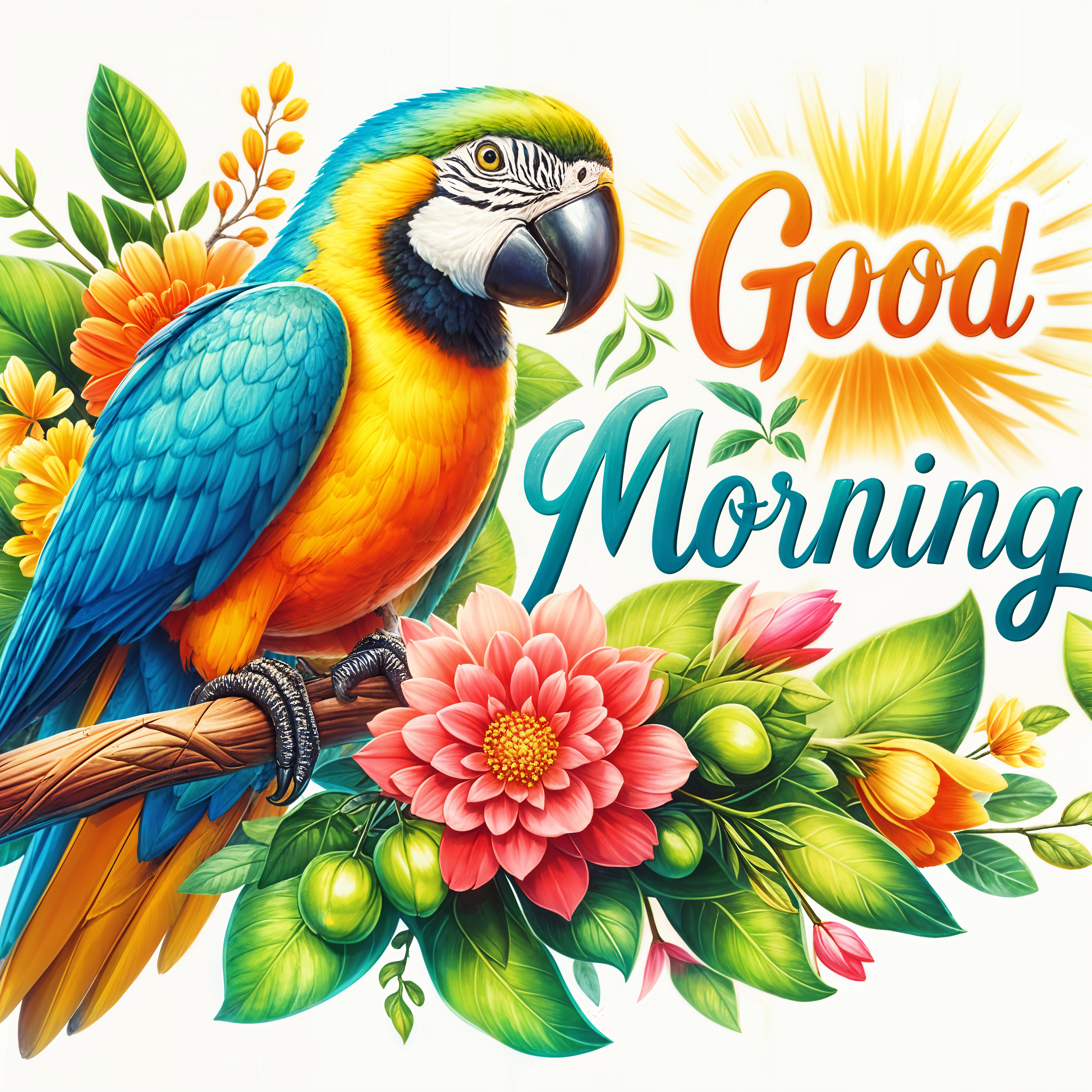 Vibrant Macaw Illustration with Flowers and Sun Rays