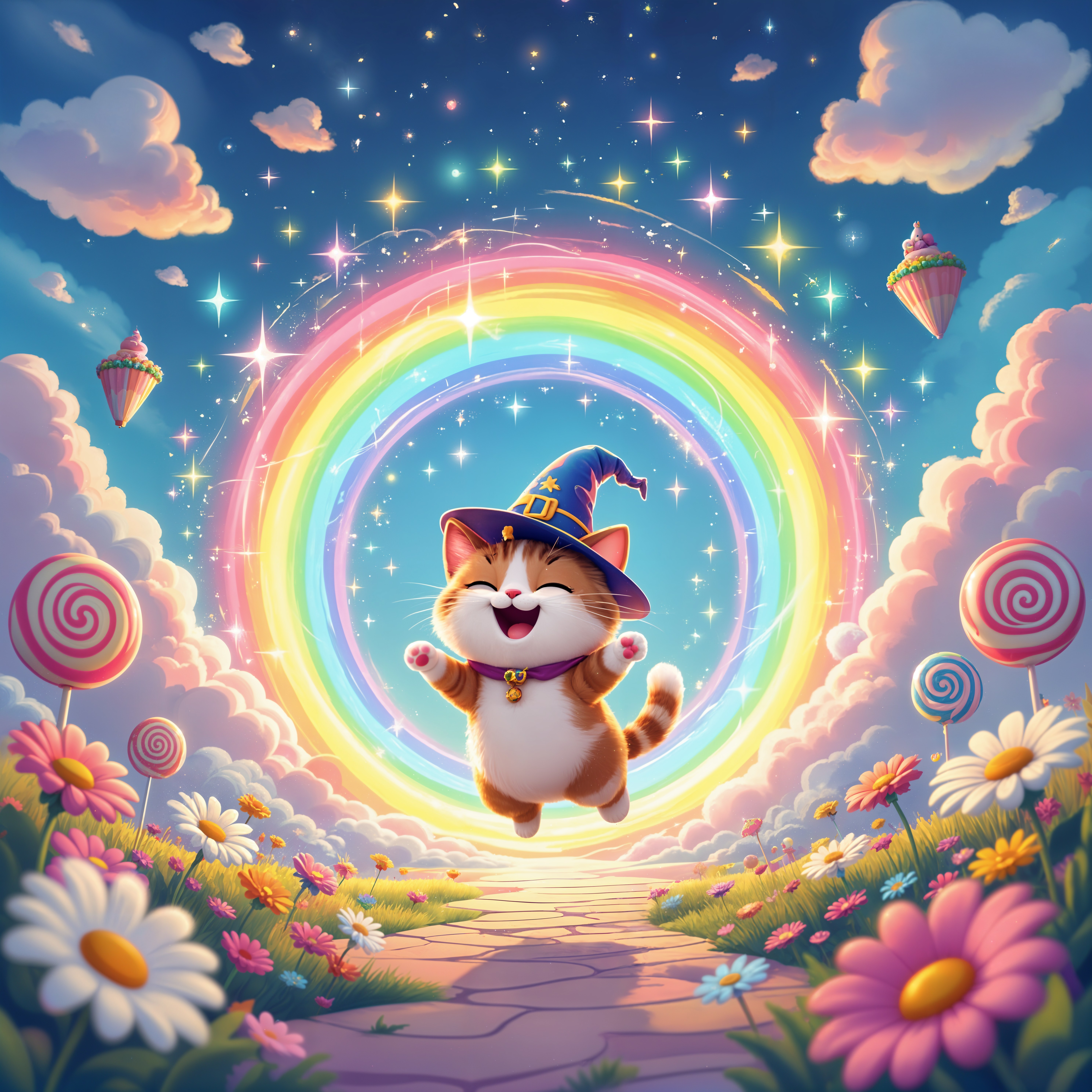 Cheerful Cat in Wizard Hat Leaps Through Rainbow Scene