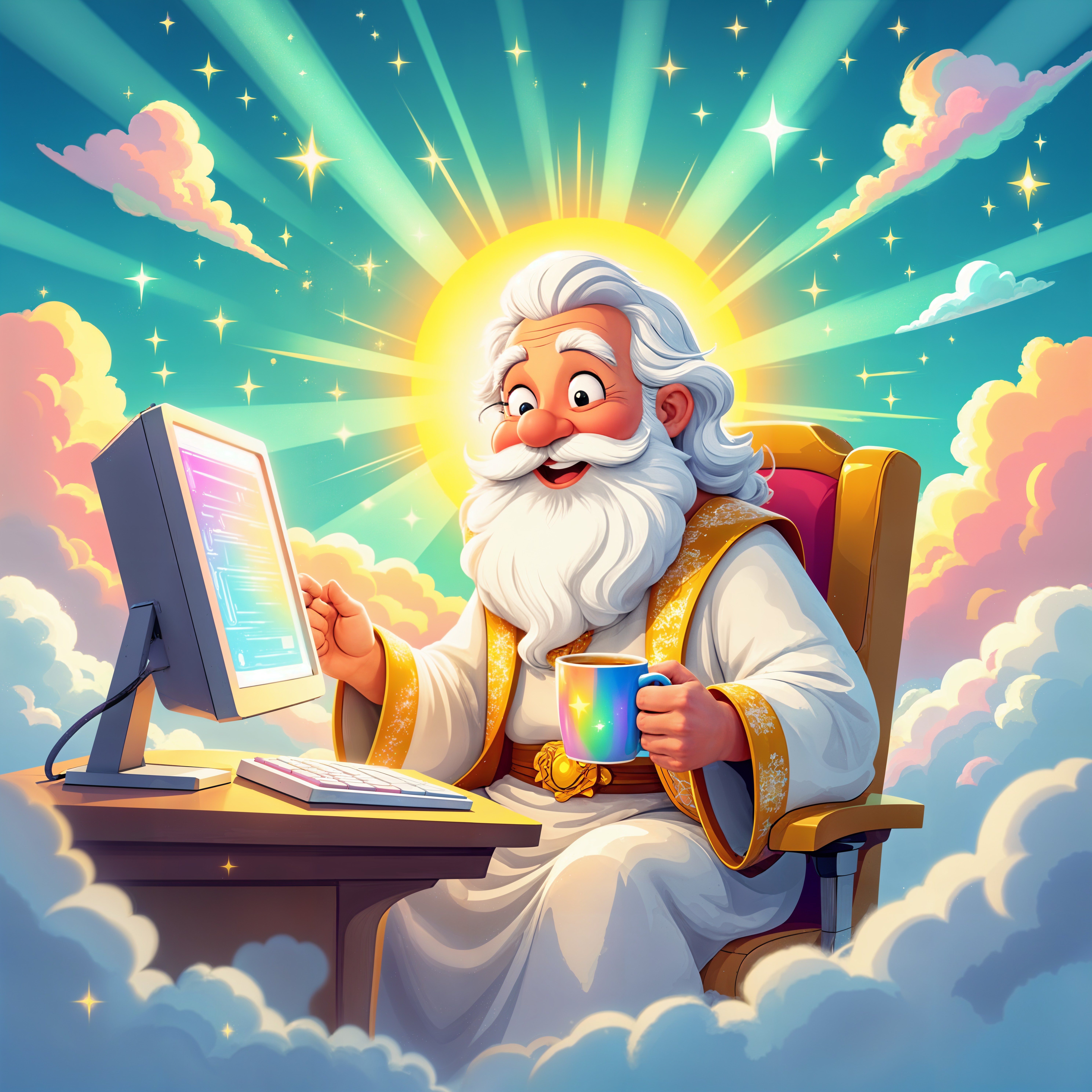 Whimsical Illustration of an Elderly Deity at Computer