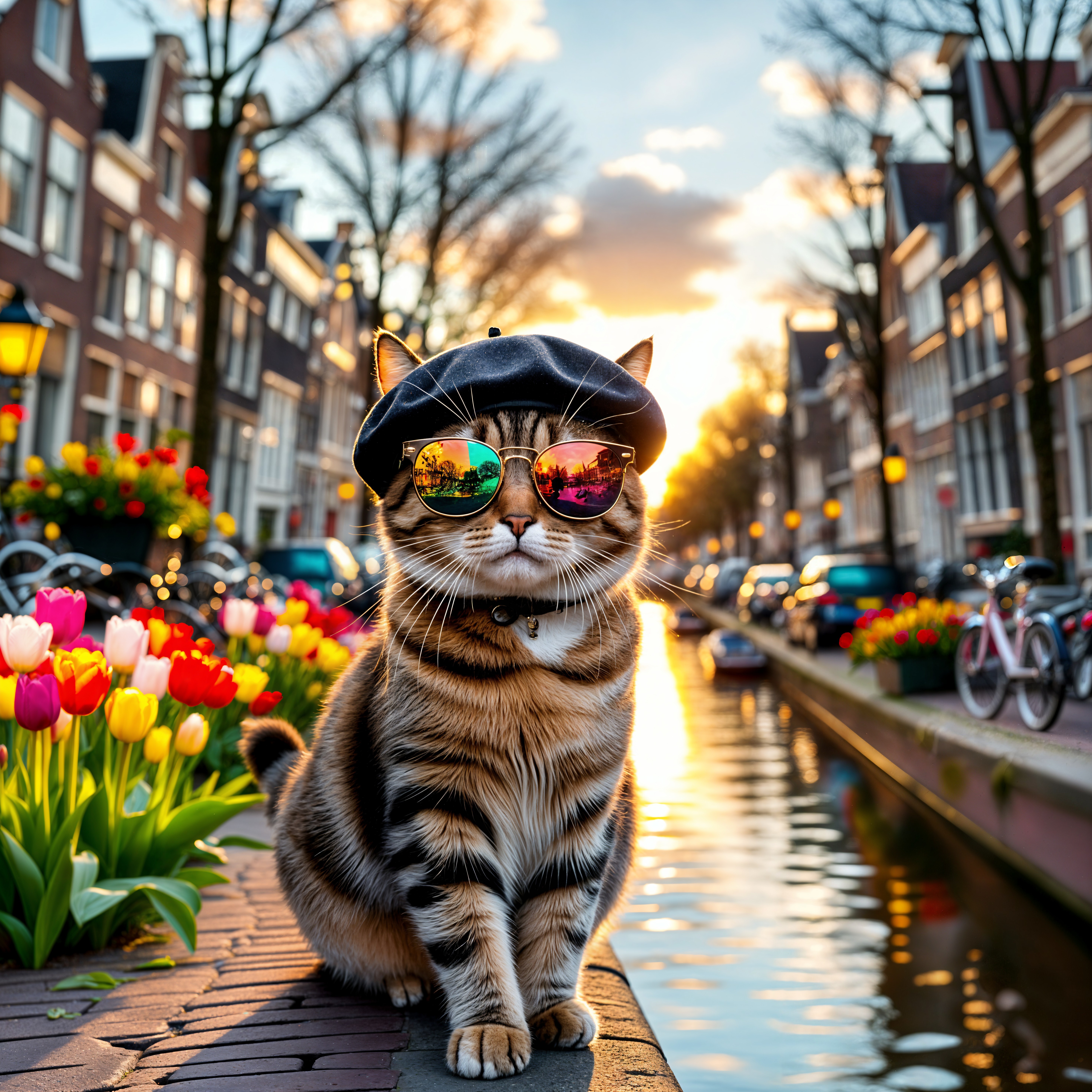 Stylish Cat in Sunglasses by Tulip-Lined Canal