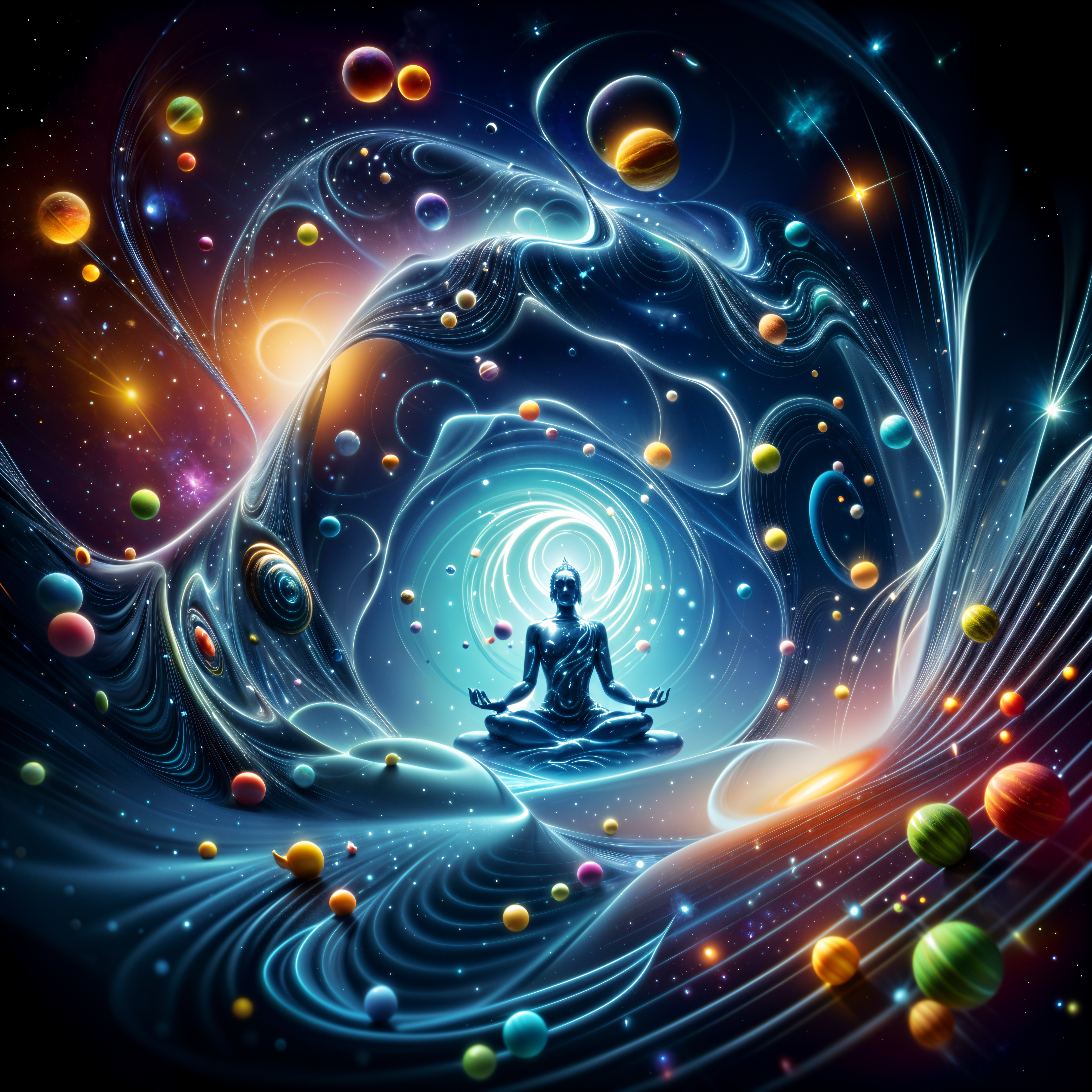 Meditative Figure in a Vibrant Cosmic Scene