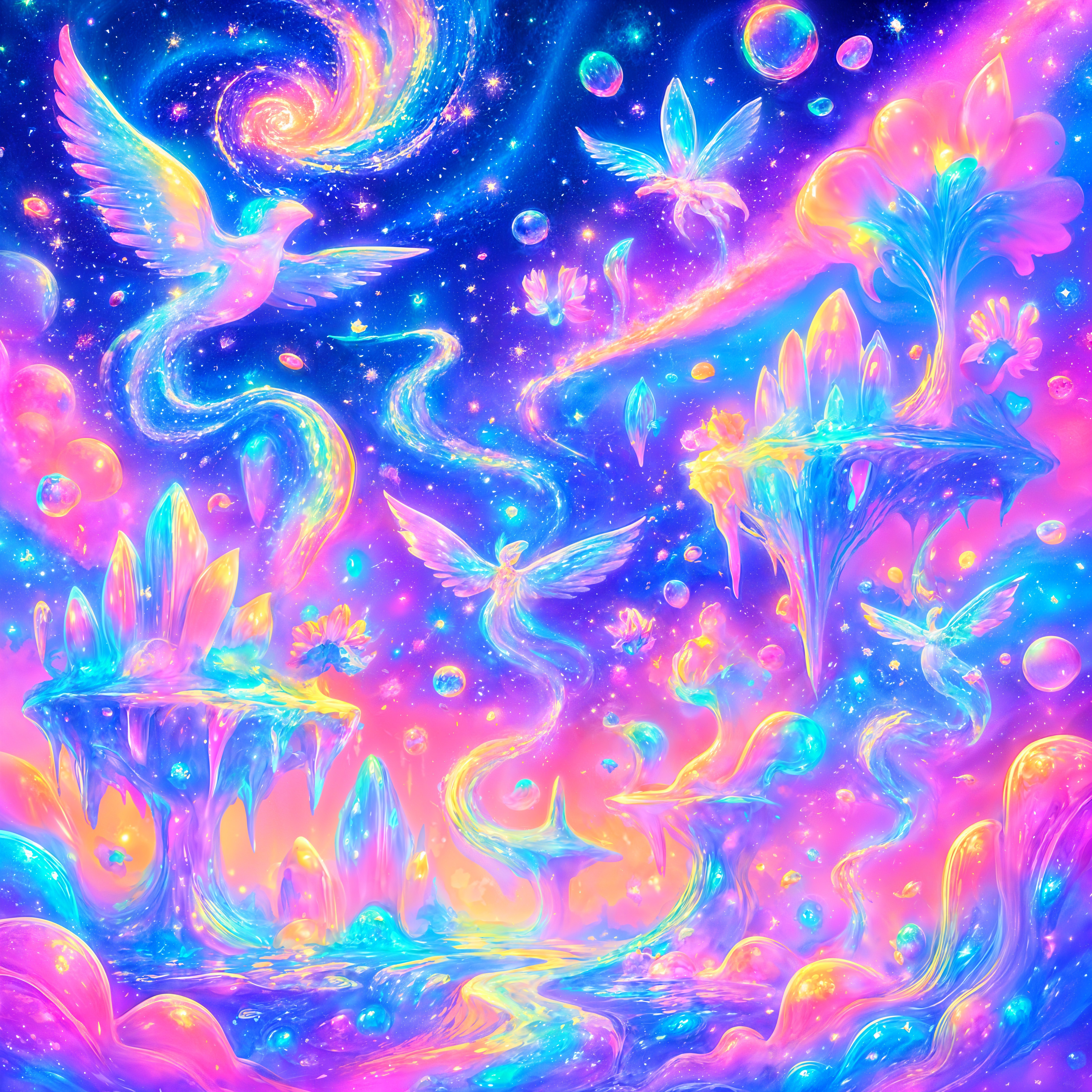 Ethereal Landscape with Galaxies and Mystical Creatures