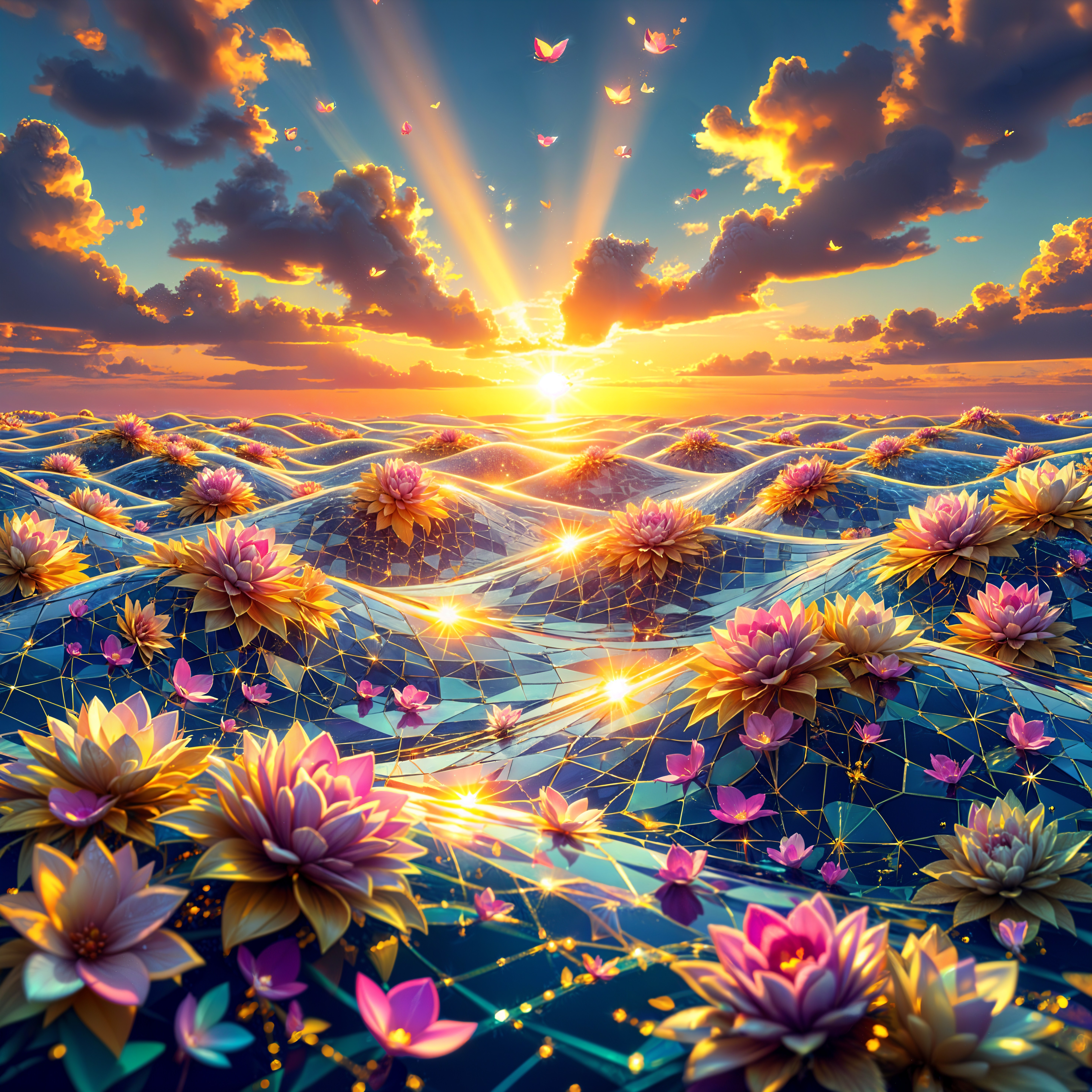 Vibrant Sunset Over Water Lilies and Serene Landscape