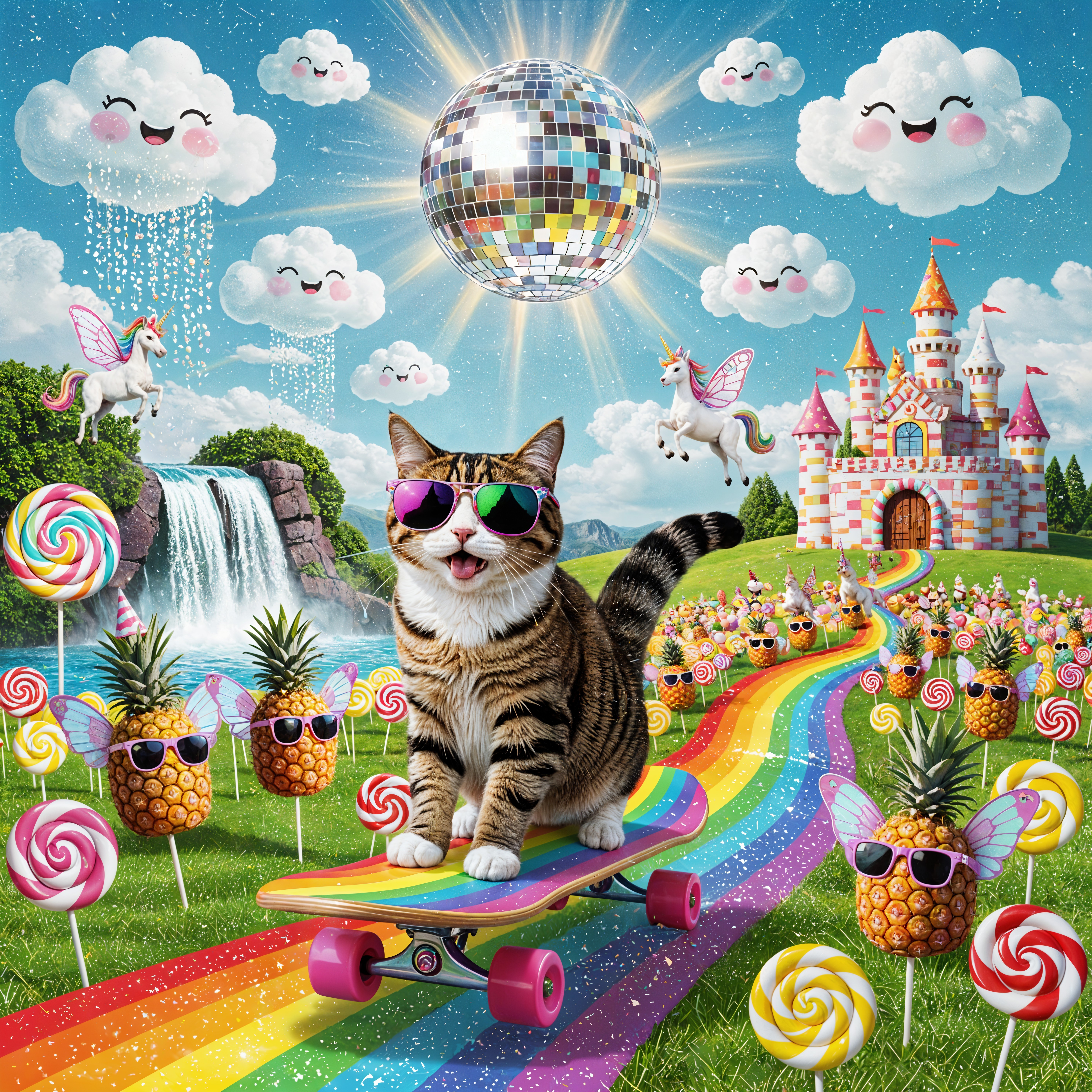 Cat Skateboarding on Rainbow Path with Colorful Scene