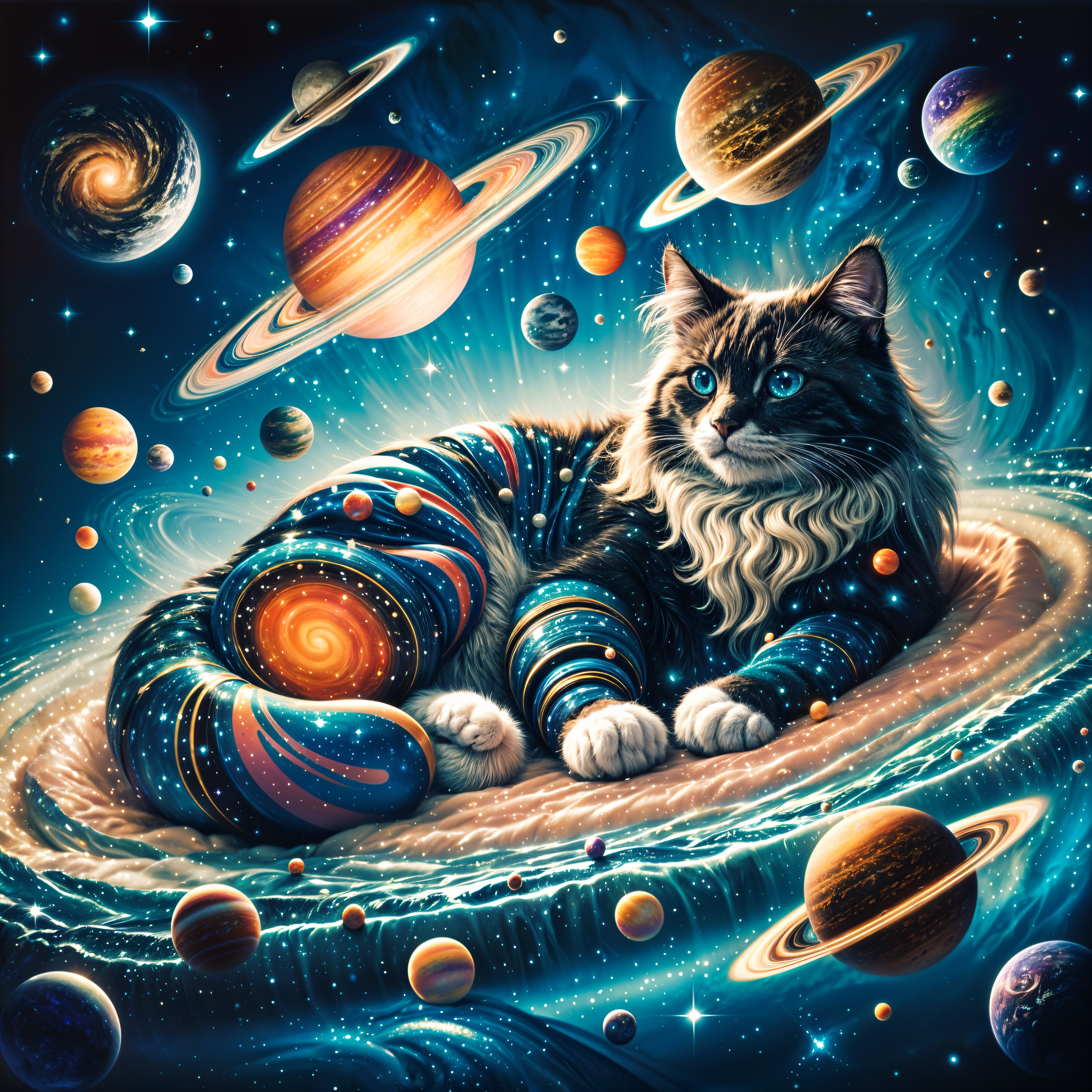 Whimsical Cat on Cosmic Backdrop with Galaxies
