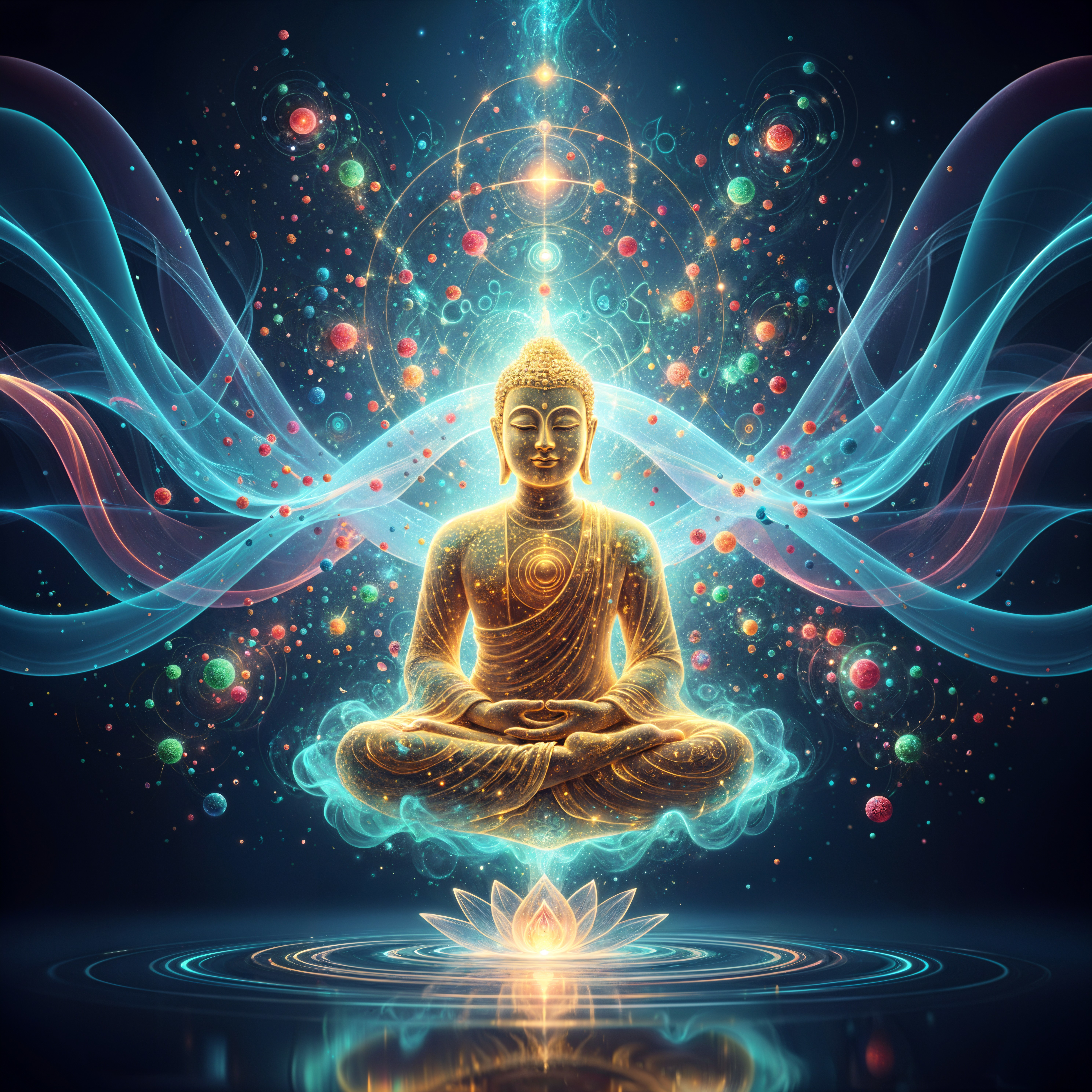 Luminous Buddha Figure Surrounded by Cosmic Colors
