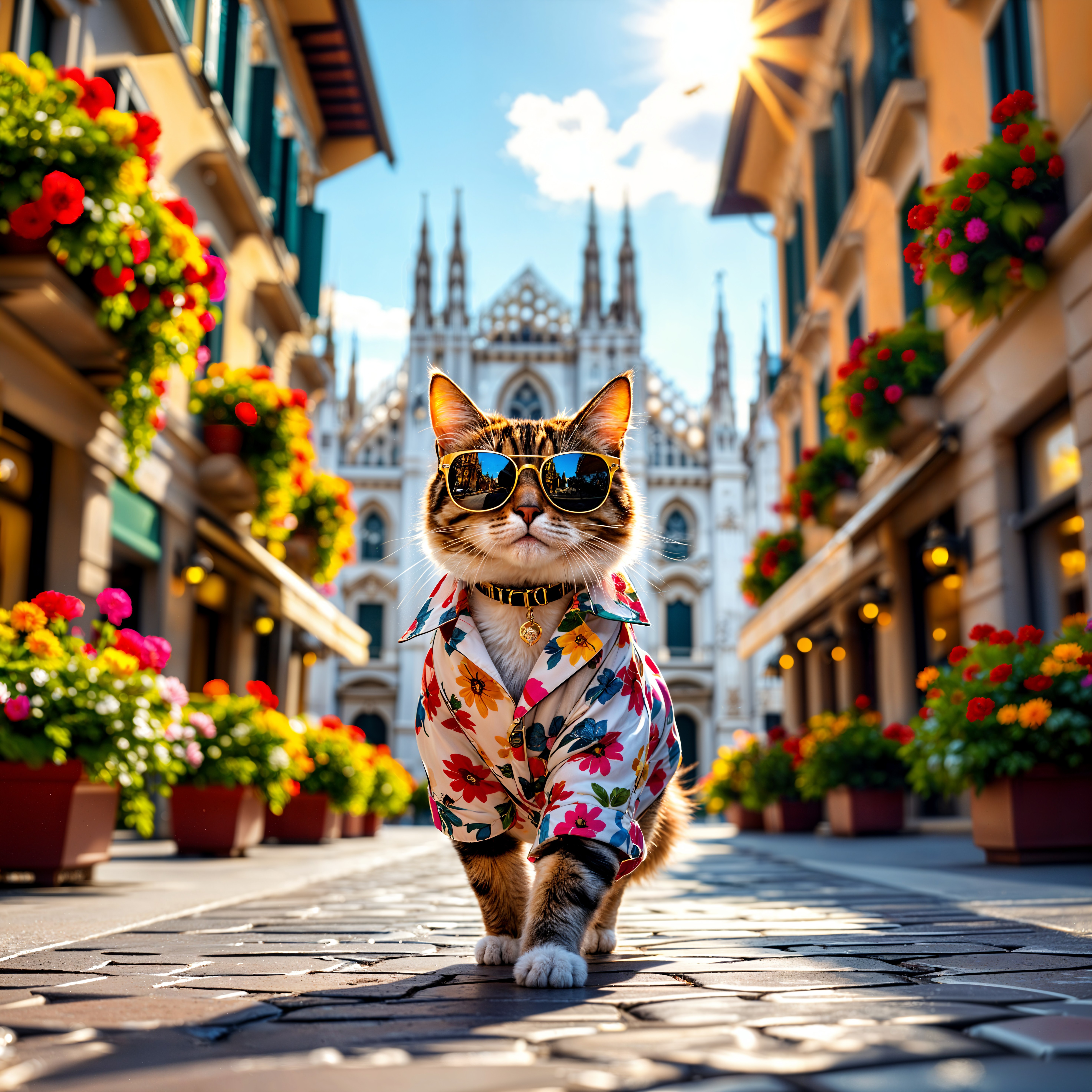 Stylish Cat in Floral Shirt on Cobblestone Street