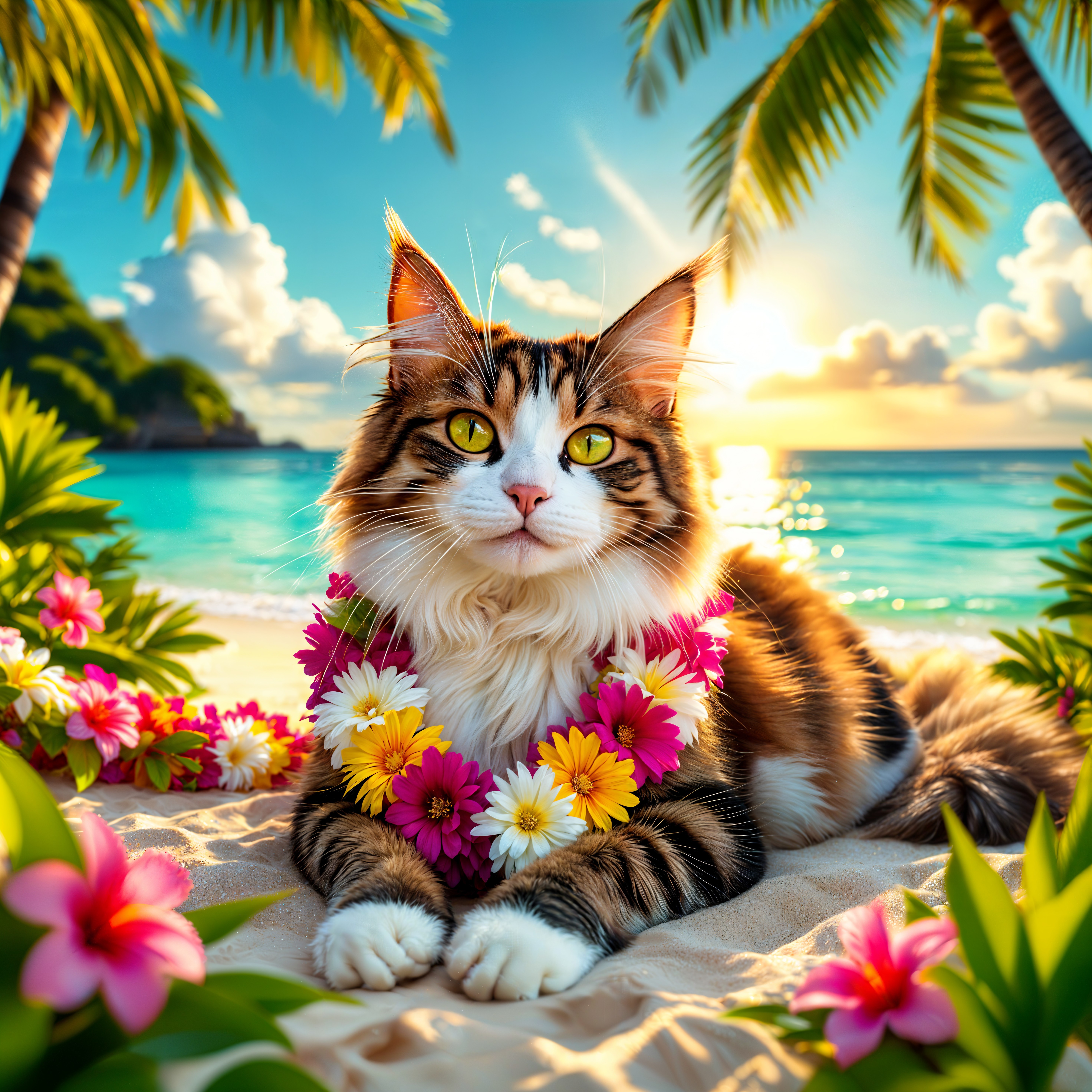 Maine Coon Cat on Beach with Sunset and Palm Trees