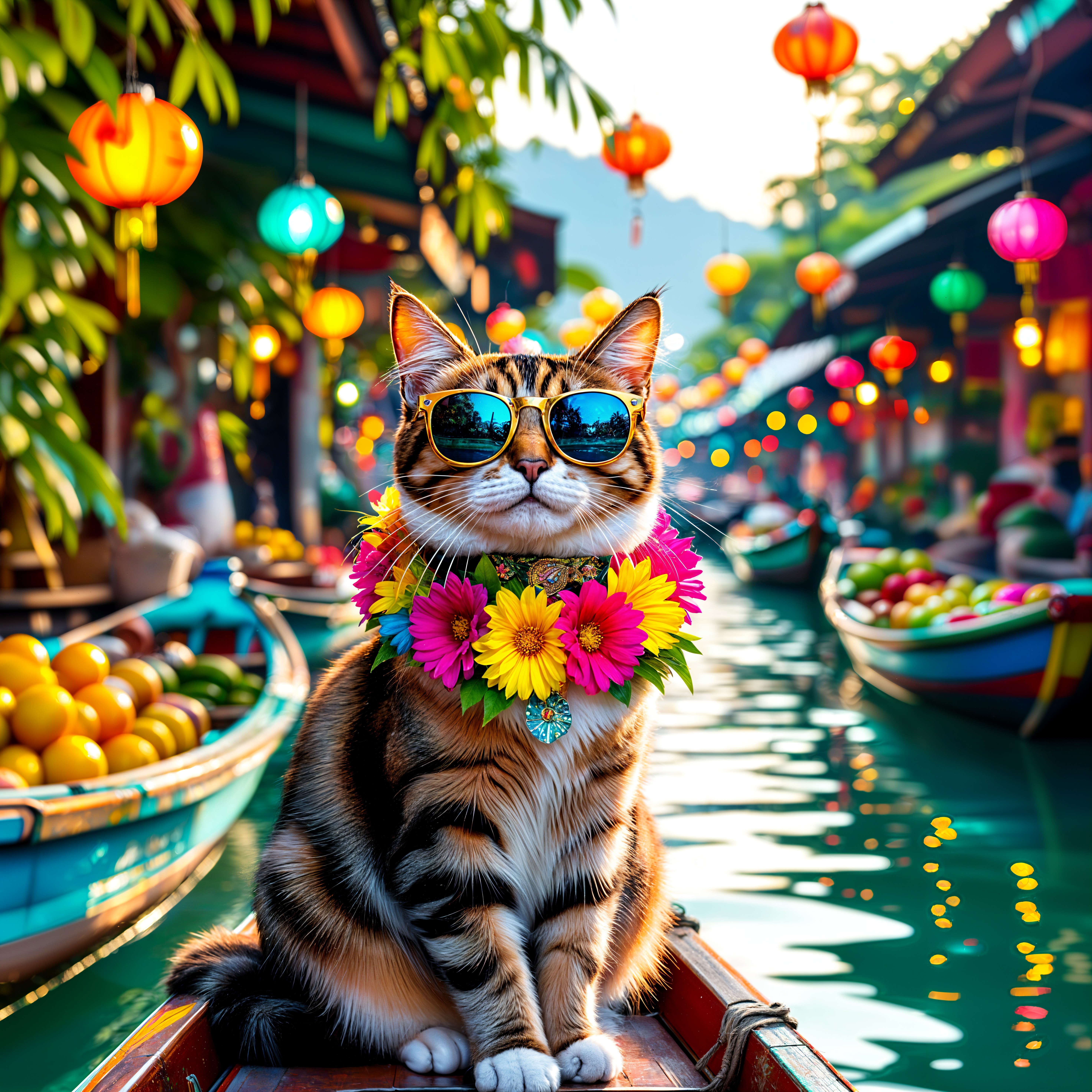 Stylish Cat in Sunglasses at Vibrant Market Scene