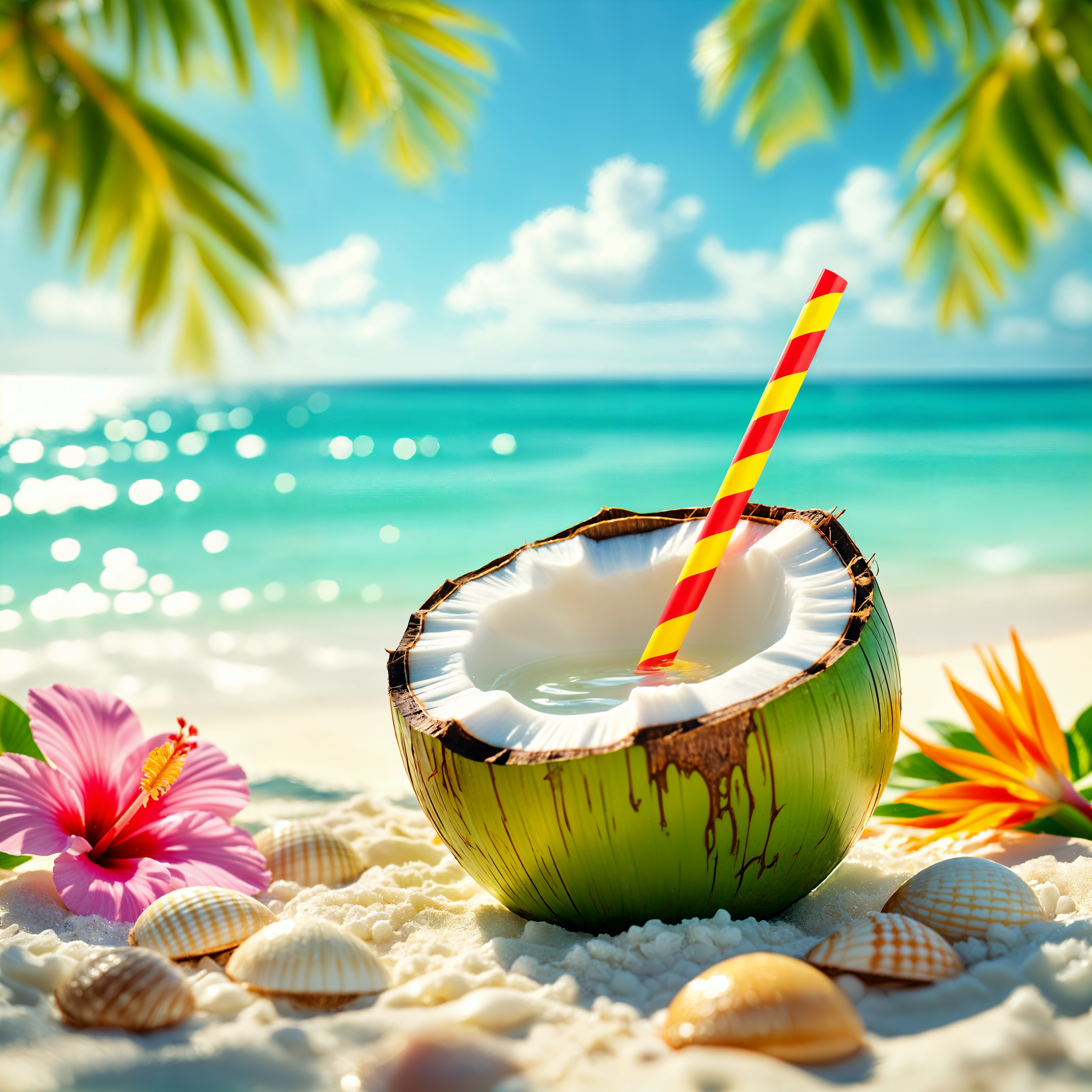 Coconut Drink on a Sandy Beach with Tropical Decor