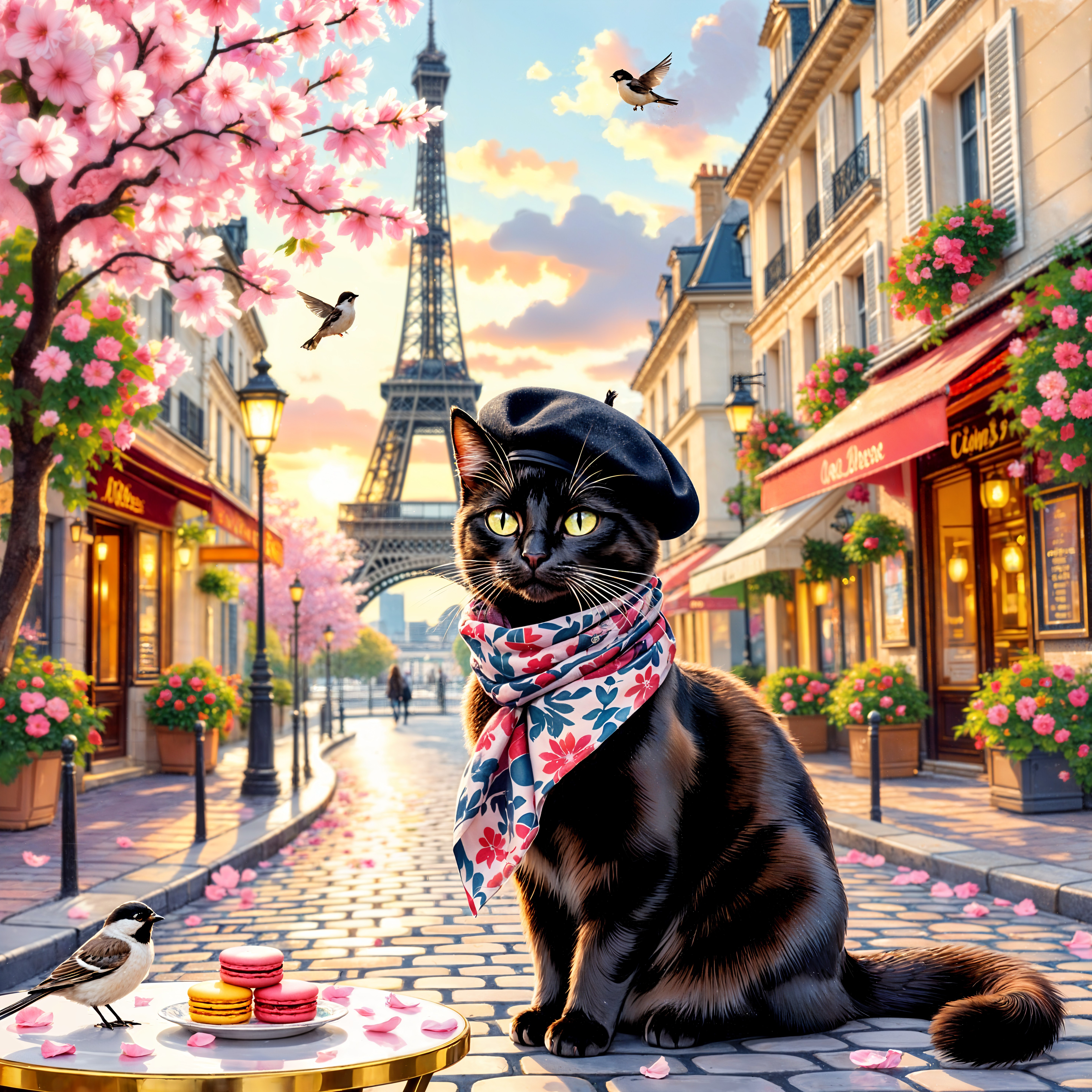 Charming Parisian Scene with Cat and Cherry Blossoms