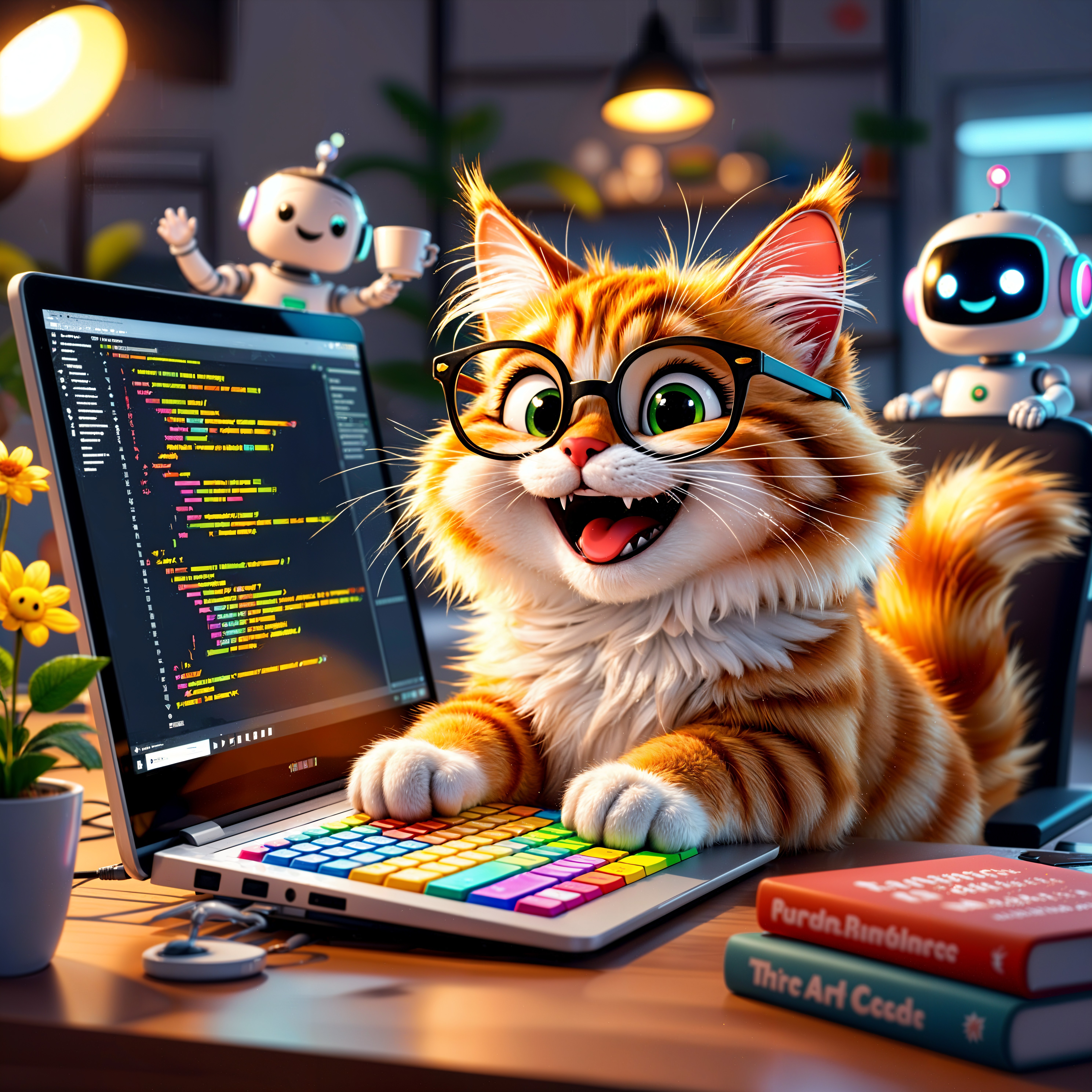 Cheerful Orange Tabby Cat Typing at a Desk with Robots
