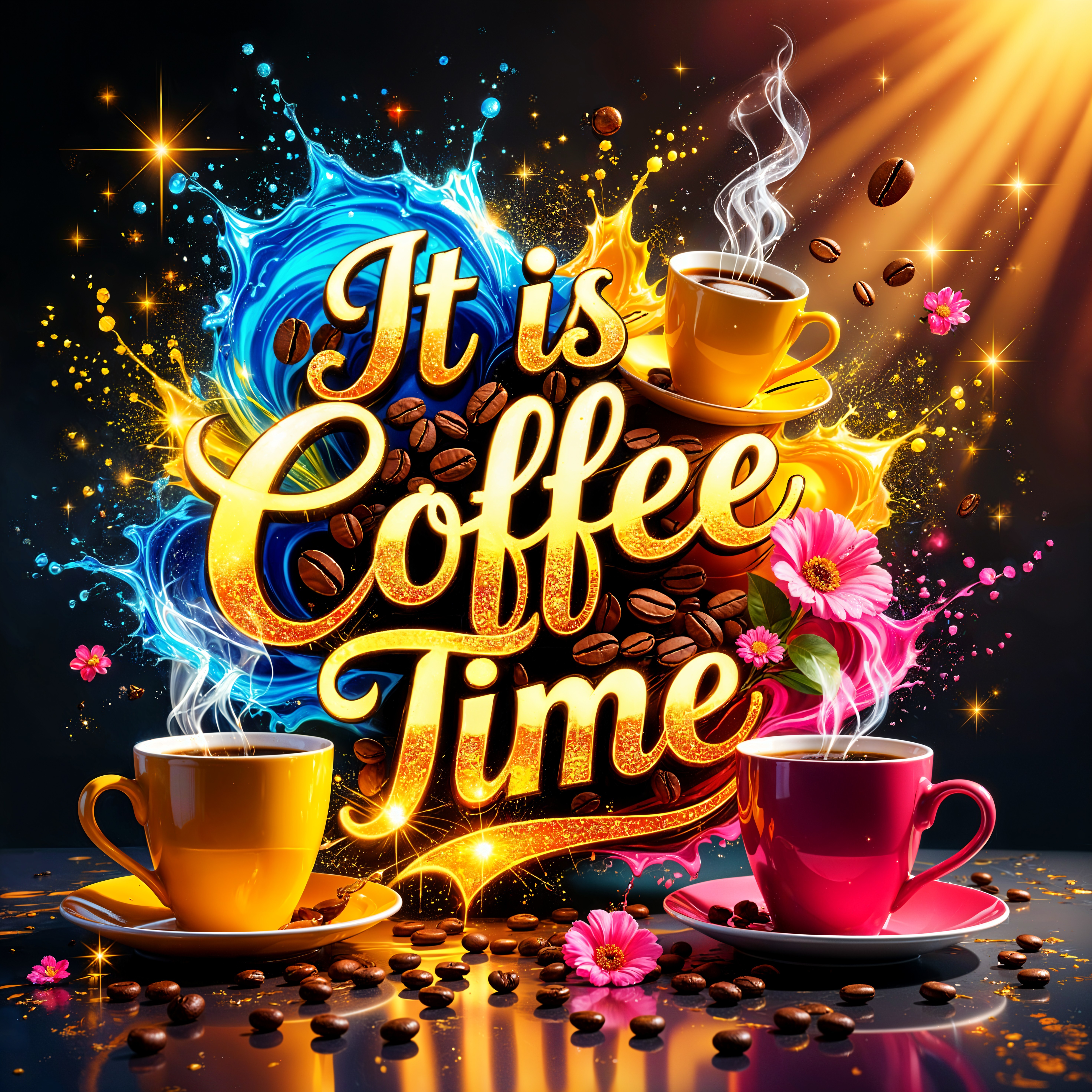 Colorful Coffee Time Design with Mugs and Beans