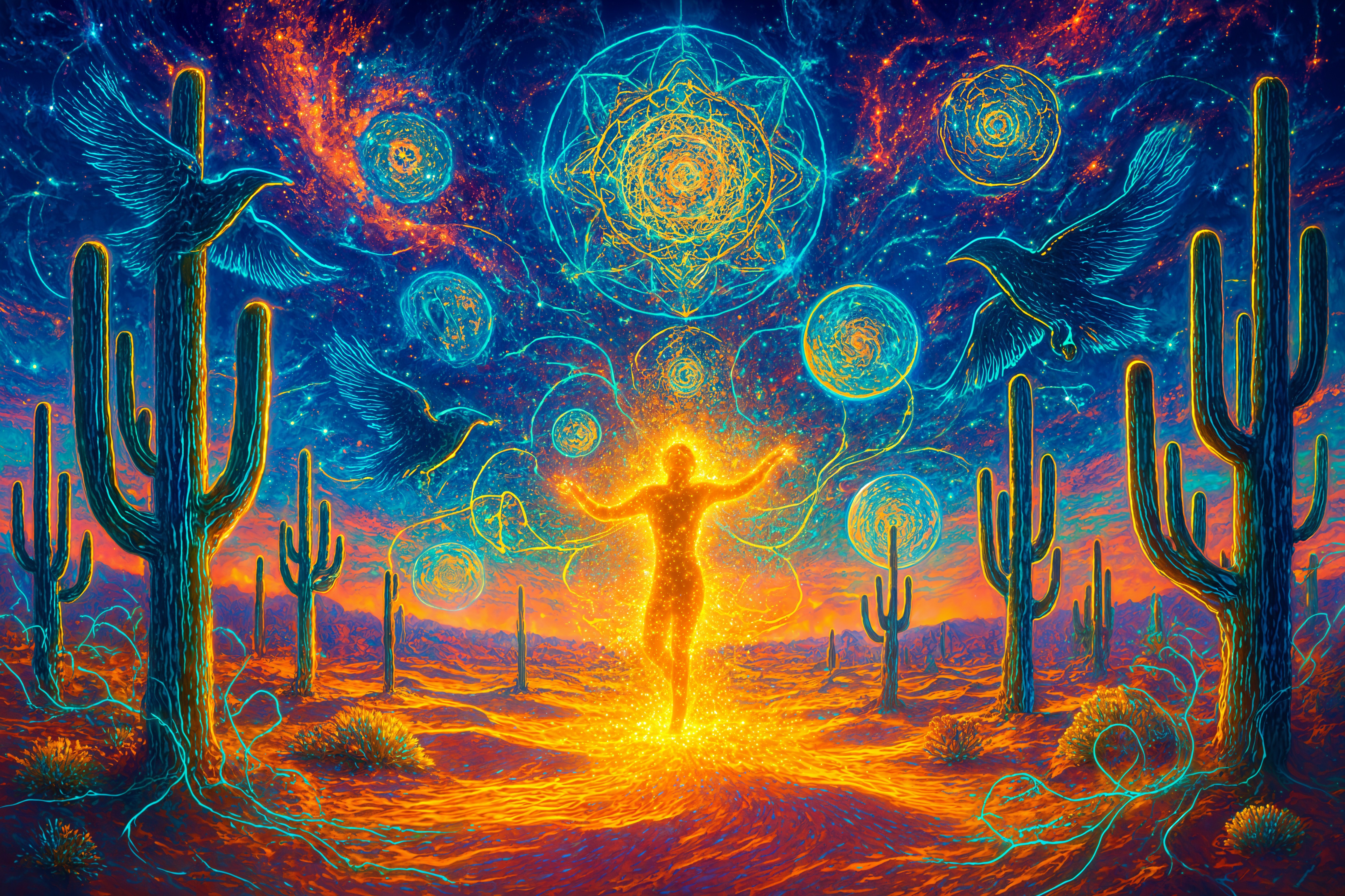 Desert Landscape at Dusk with Cacti and Stars