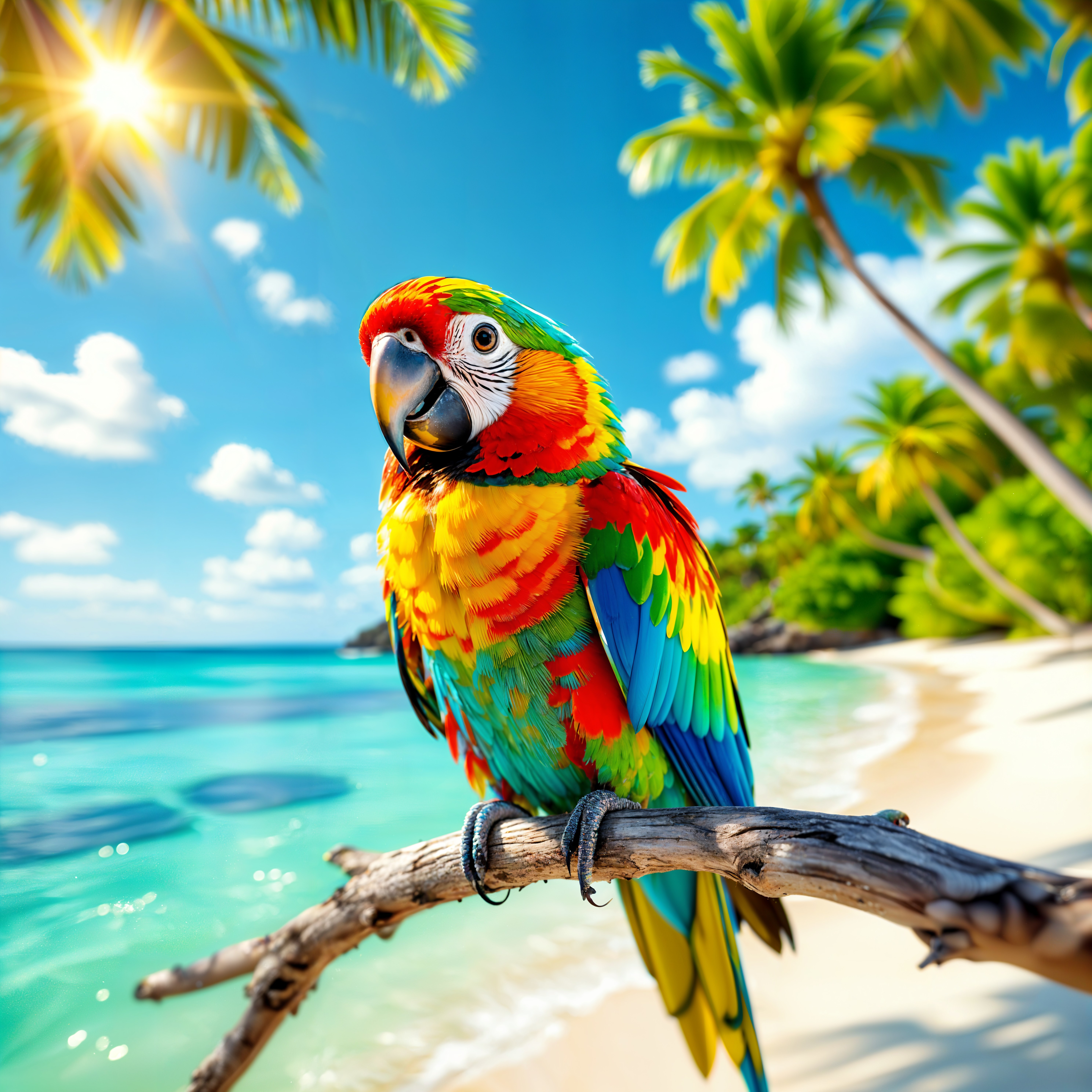Vibrant Parrot on Tropical Beach with Turquoise Water