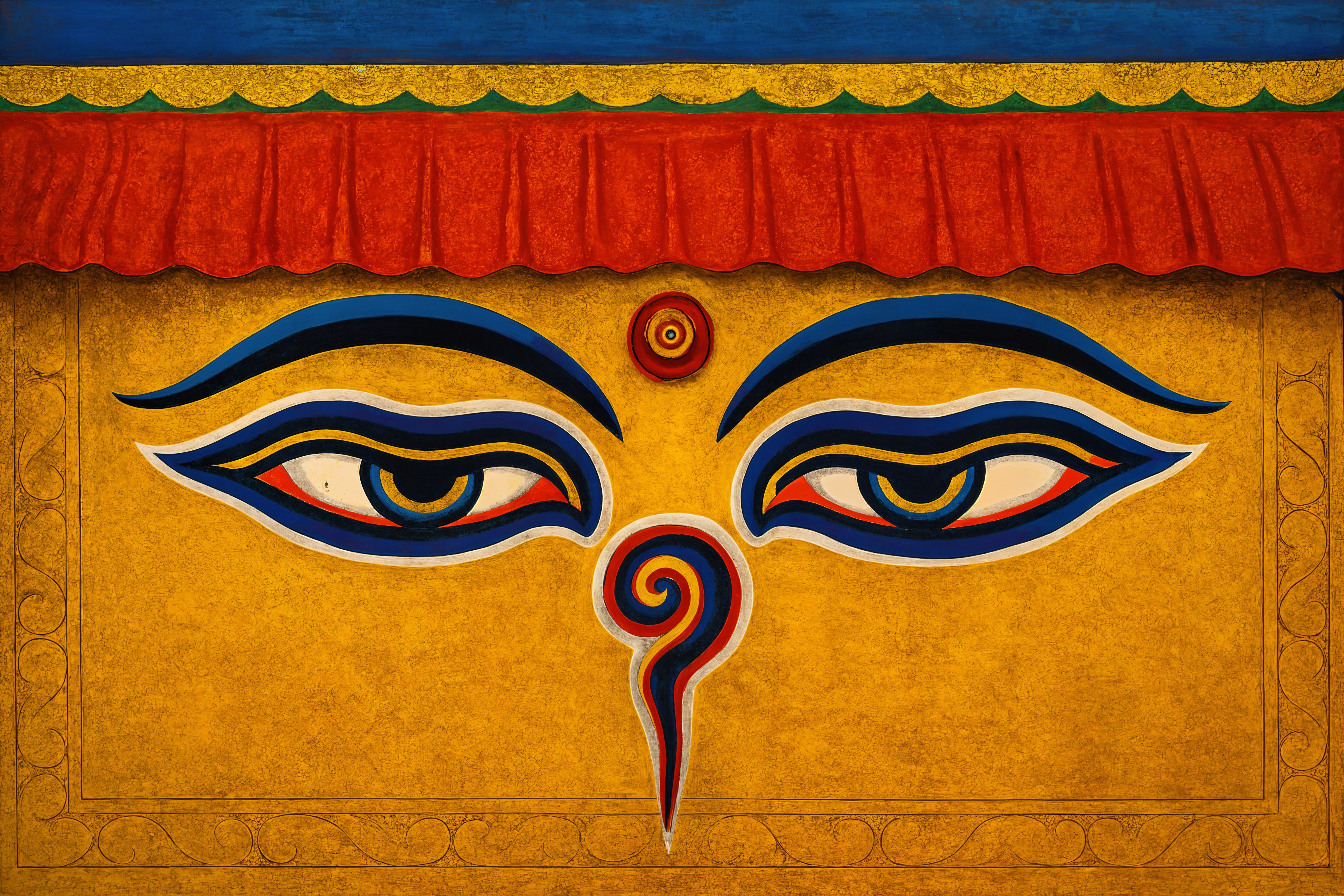 Vibrant Mural with Stylized Eyes and Spiral Symbol