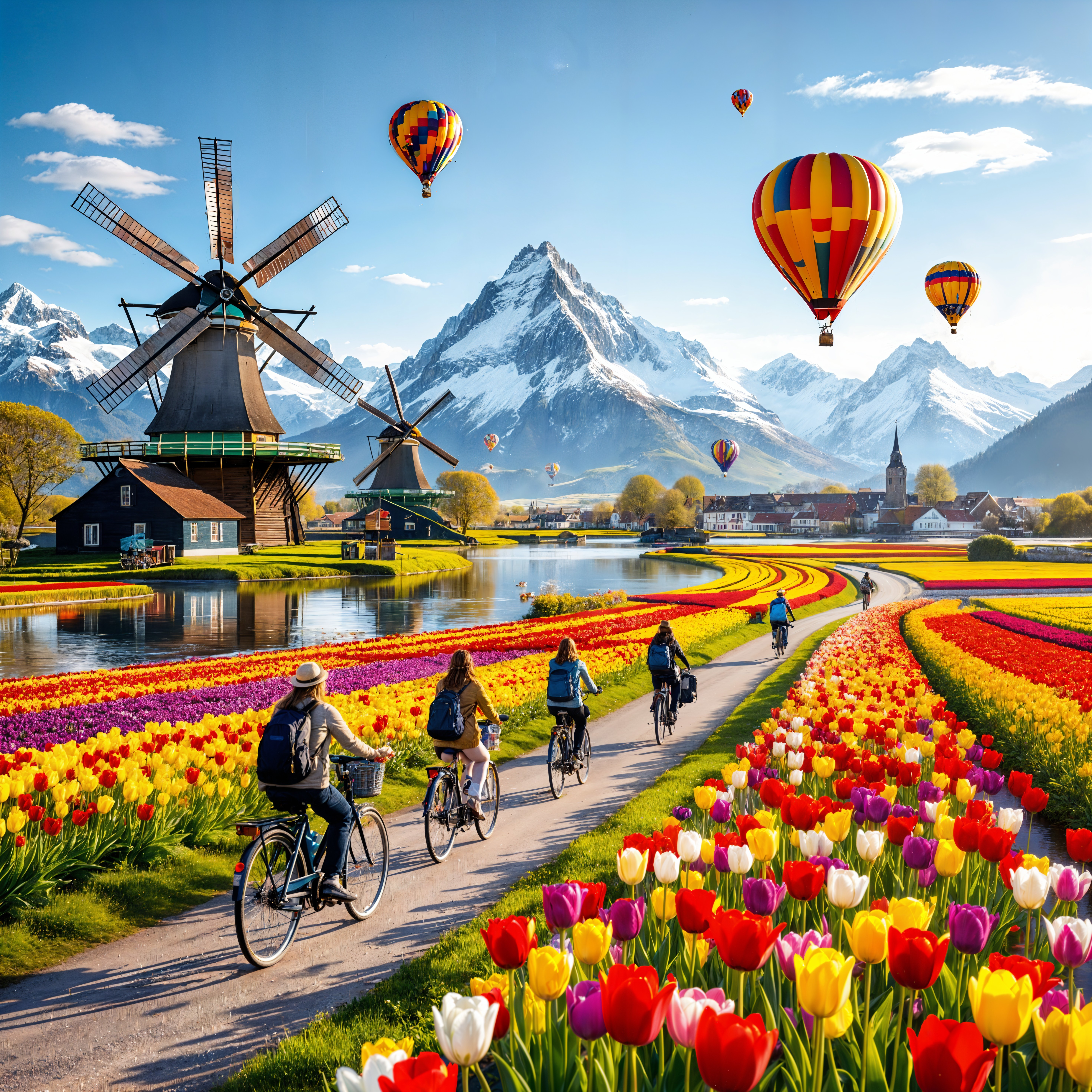 Vibrant Tulip Fields with Mountains and Hot Air Balloons