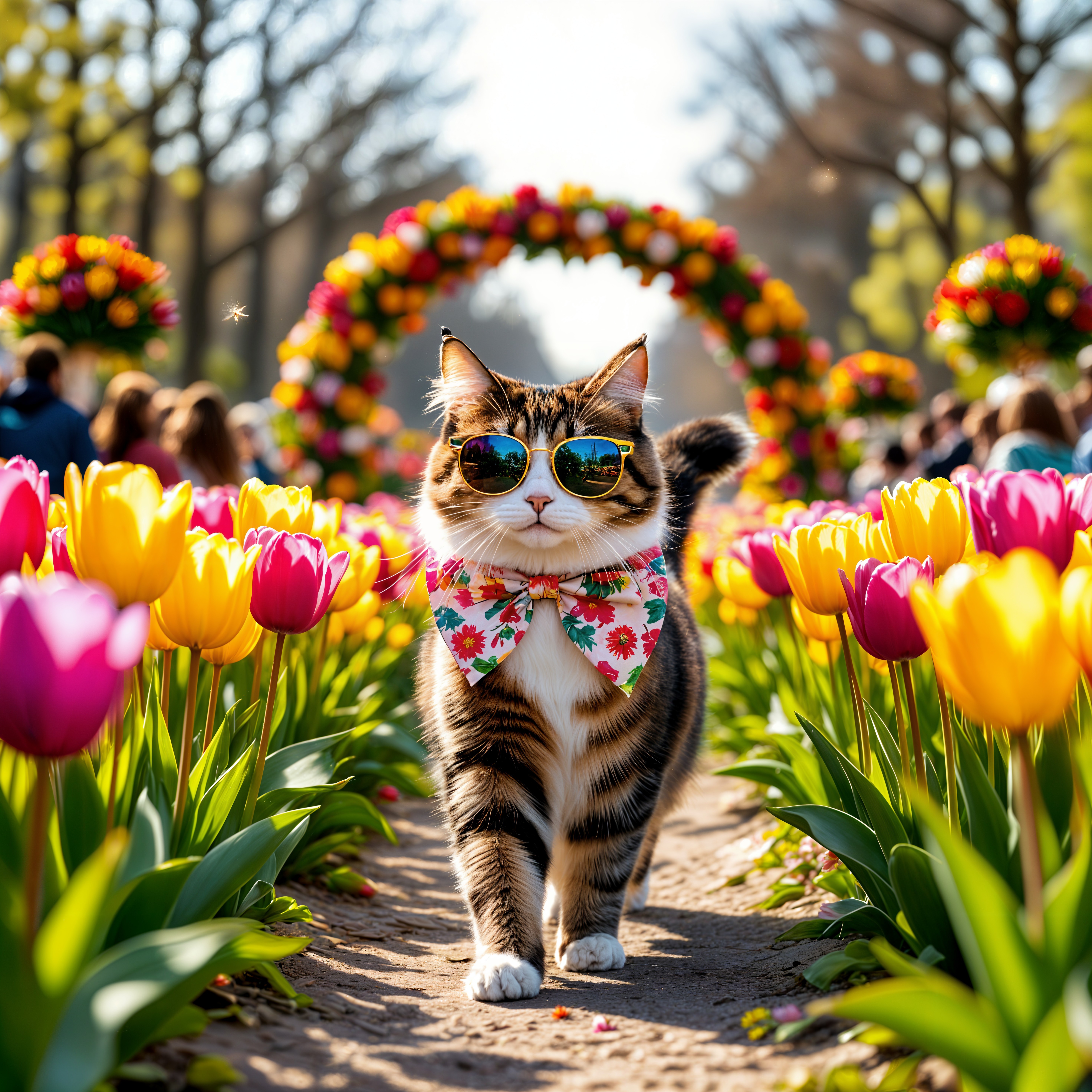 Cat in Sunglasses and Bow Tie Among Vibrant Tulips