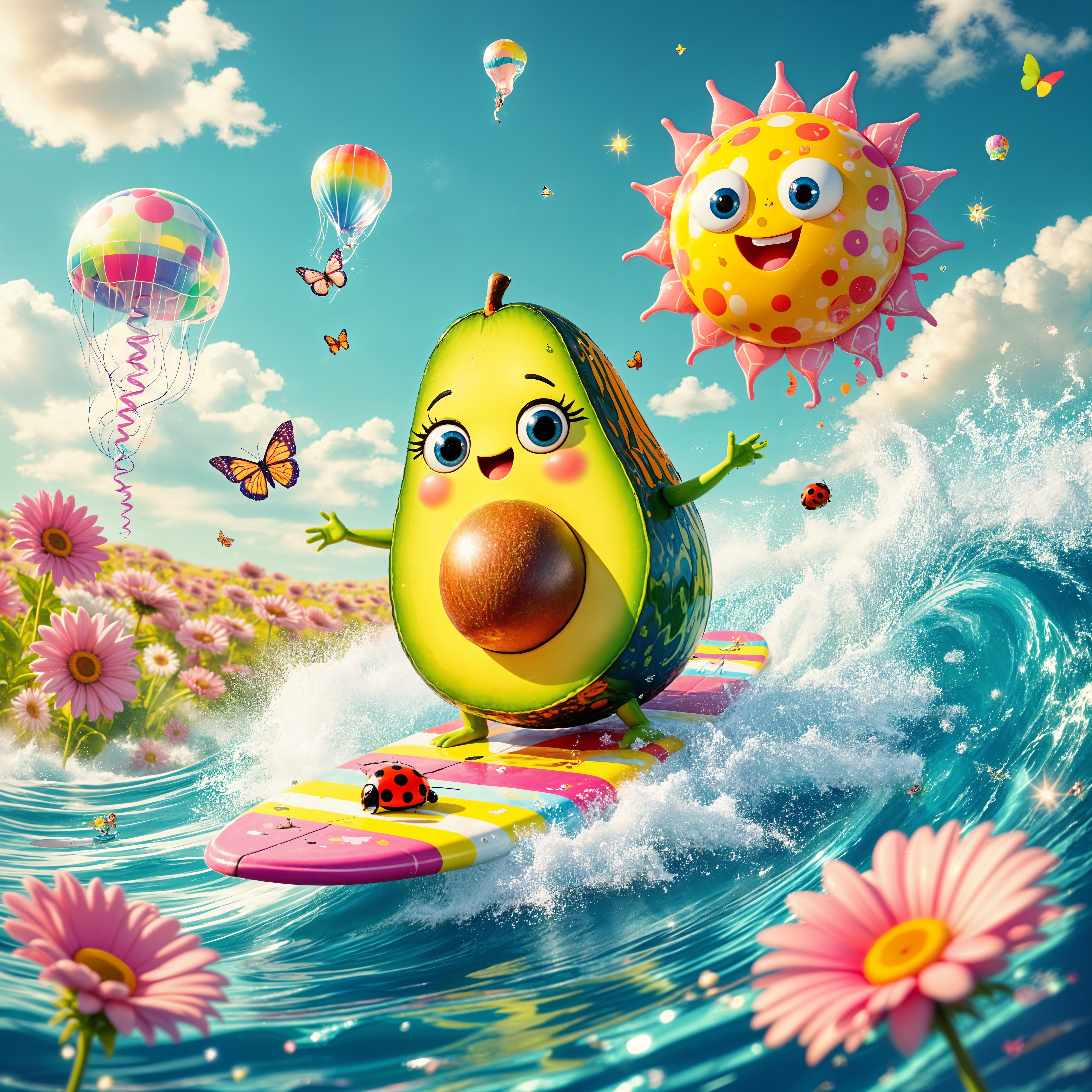 Cartoon Avocado Surfing in a Colorful Sunny Scene