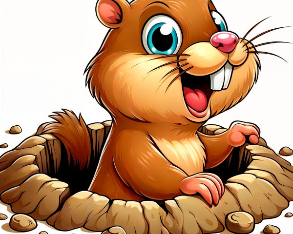 Cheerful cartoon groundhog peeking from burrow