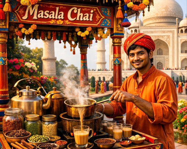 Indian Man Prepares Masala Chai at Street Stall