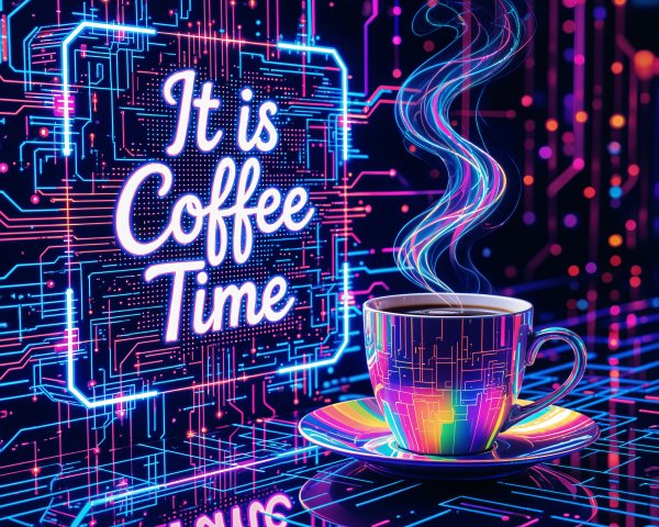 Vibrant Digital Scene of Coffee Cup with Neon Elements
