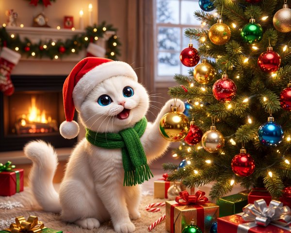 Fluffy Kitten with Santa Hat Near Christmas Tree