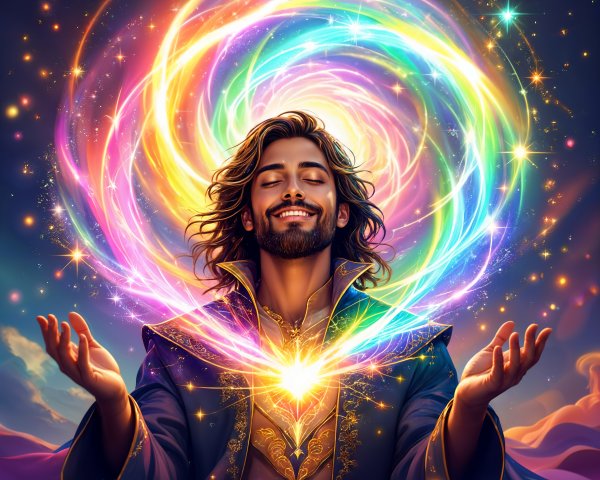 Charismatic Figure in Cosmic Backdrop with Vibrant Light