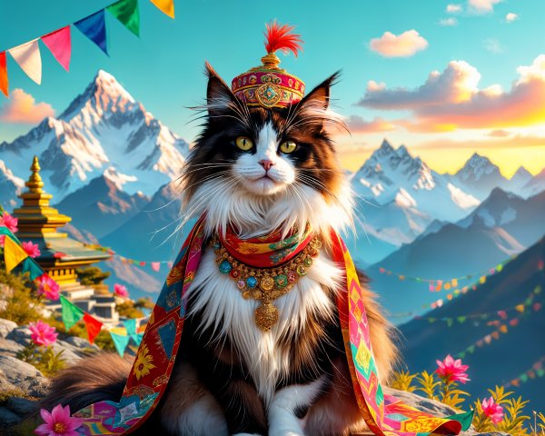Regal Cat in Traditional Attire with Mountain Backdrop