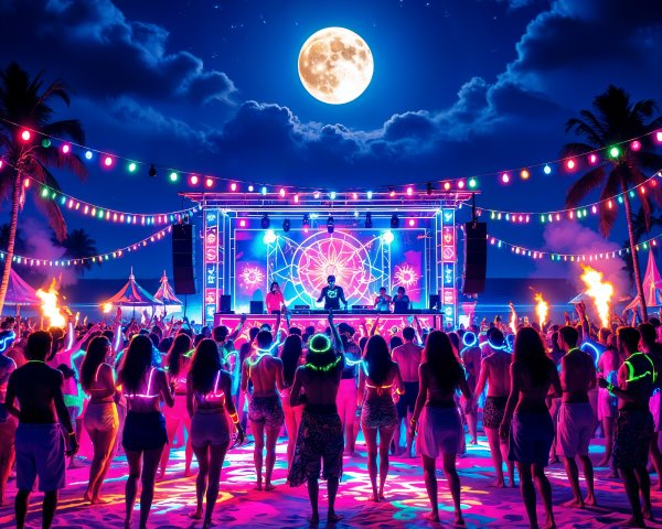 Vibrant Beach Party Scene Under Full Moon and Lights
