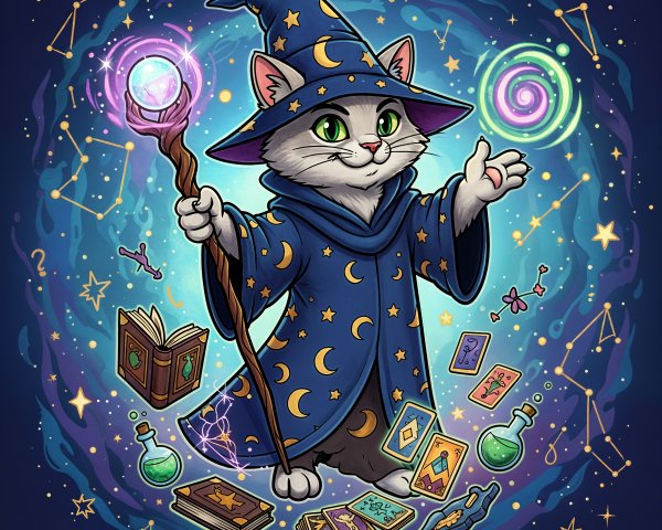 Wizard Cat in Blue Robe with Magical Elements
