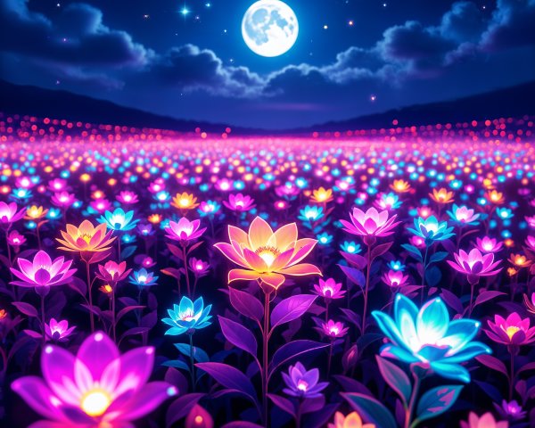 Vibrant Dreamlike Landscape with Glowing Flowers