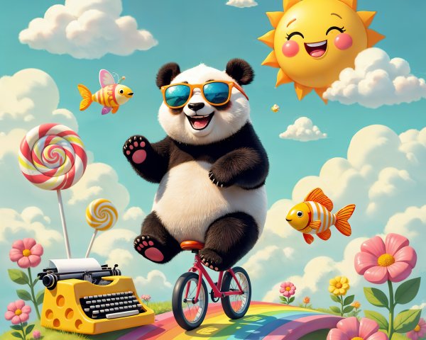 Cheerful panda on bicycle in colorful whimsical scene