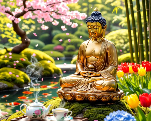 Serene Garden Scene with Buddha Statue and Flowers