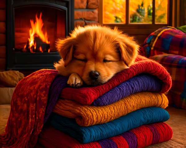 Golden puppy sleeping on cozy blankets by fireplace