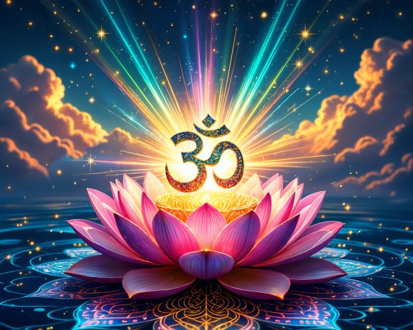 Lotus Flower and Om Symbol in Serene Water Scene