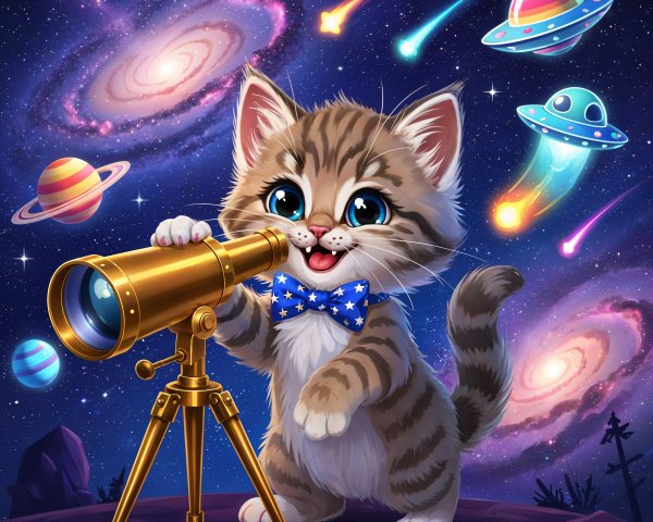 Tabby Kitten with Bow Tie and Telescope in Cosmic Scene