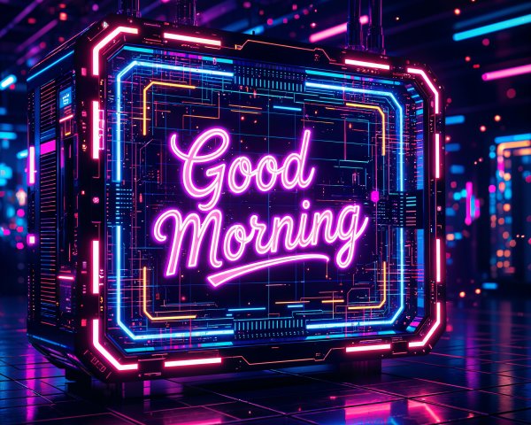 Neon Sign with "Good Morning" in Futuristic Setting