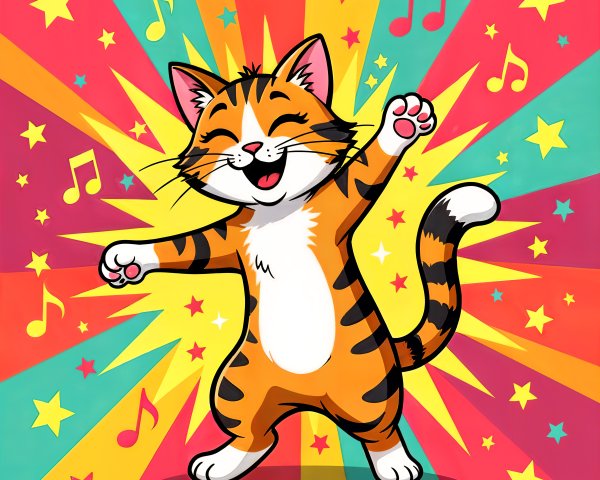 Cheerful Cartoon Cat Dancing with Colorful Background