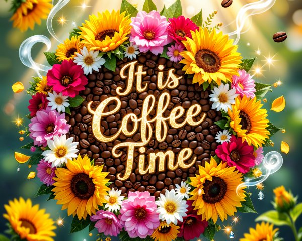 Circular Floral Arrangement with Coffee Time Text