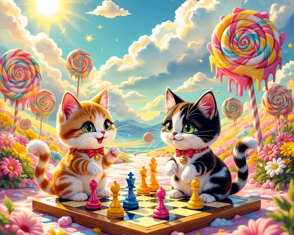 Kittens Playing Chess in a Colorful Candy Landscape
