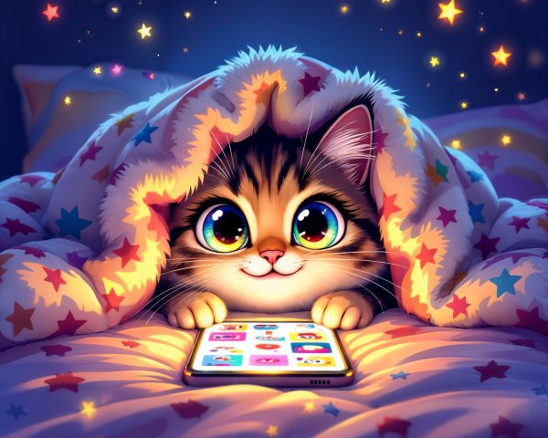 Cartoon Cat Under Starry Blanket with Smartphone