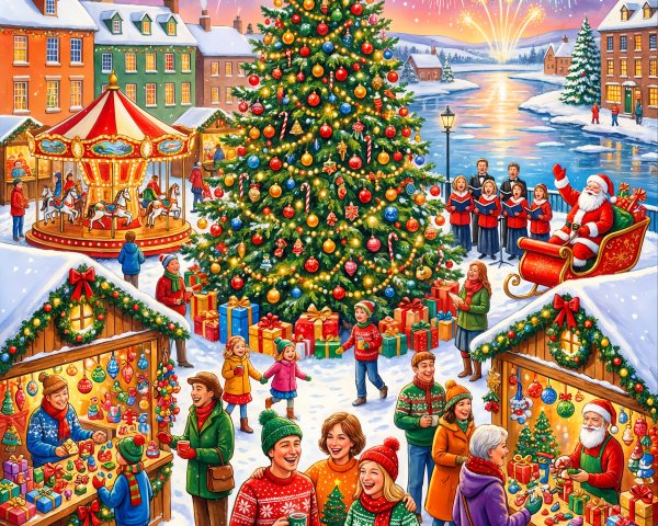 Vibrant Christmas Market by Snowy River at Night