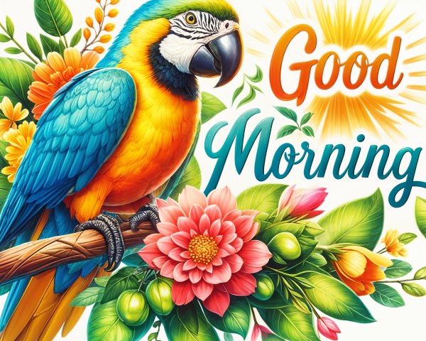 Vibrant Macaw Illustration with Flowers and Sun Rays
