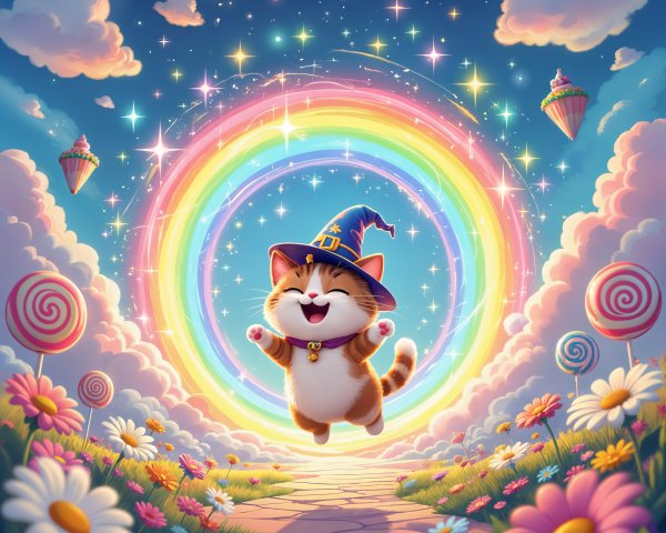 Cheerful Cat in Wizard Hat Leaps Through Rainbow Scene