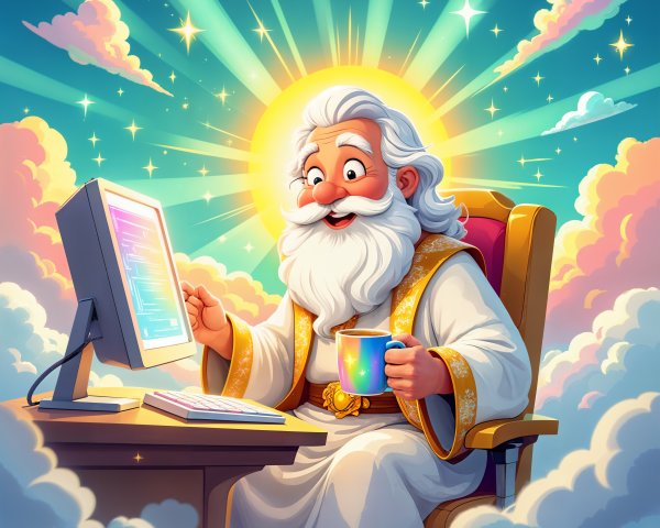 Whimsical Illustration of an Elderly Deity at Computer