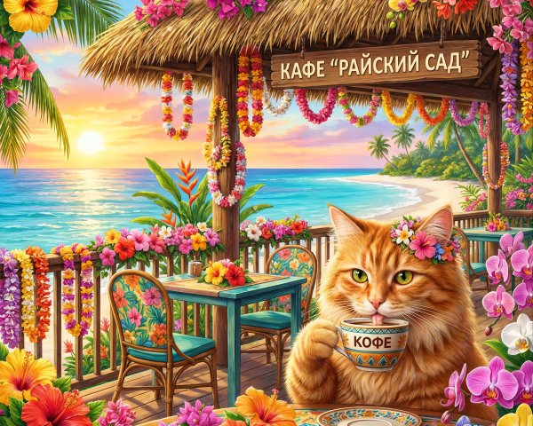 Vibrant café with beach view at sunset and flowers