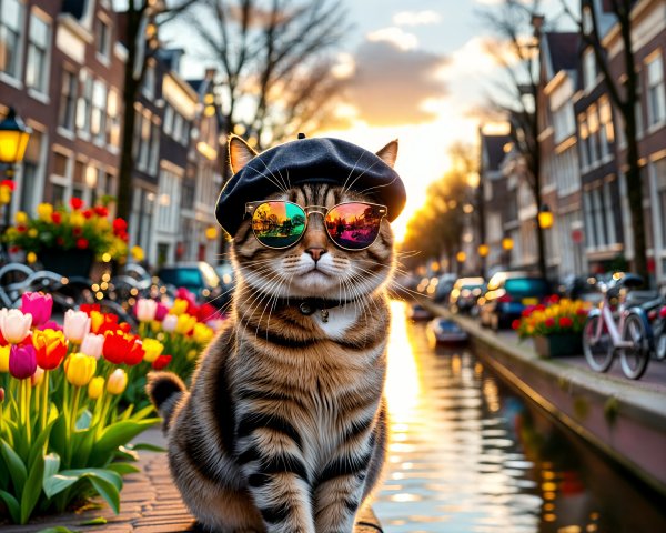 Stylish Cat in Sunglasses by Tulip-Lined Canal