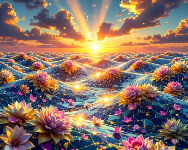 Vibrant Sunset Over Water Lilies and Serene Landscape